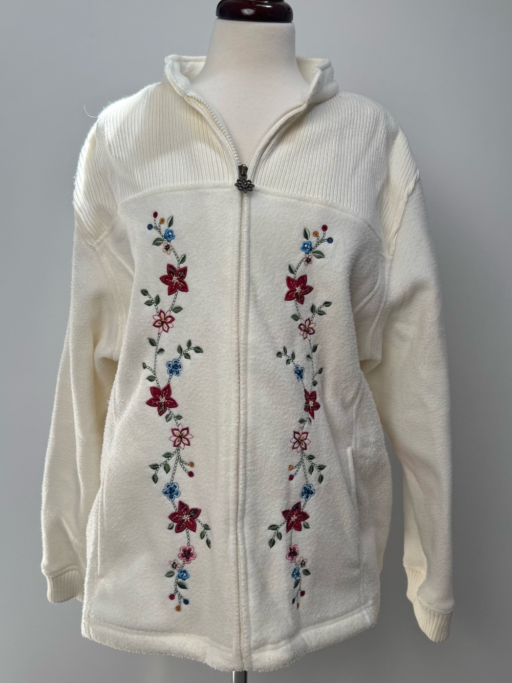 Alfred Dunner Cream Floral Embroidered Zip Jacket